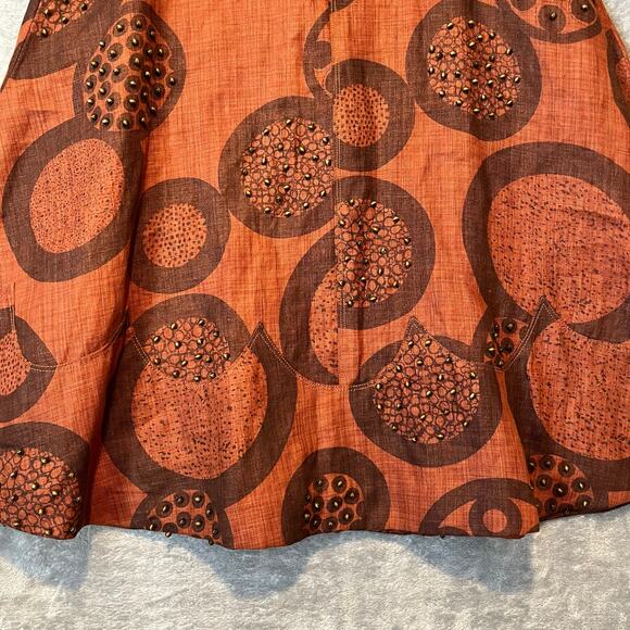 Vtg Boho Linen Skirt Rust Brown Circle Print & Beaded Details Earthy Tones Sz 4 - Picture 5 of 8